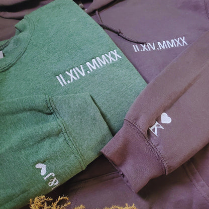 His and Hers Matching Hoodies or Sweatshirts Gift with Embroidered Roman Numerals on Chest