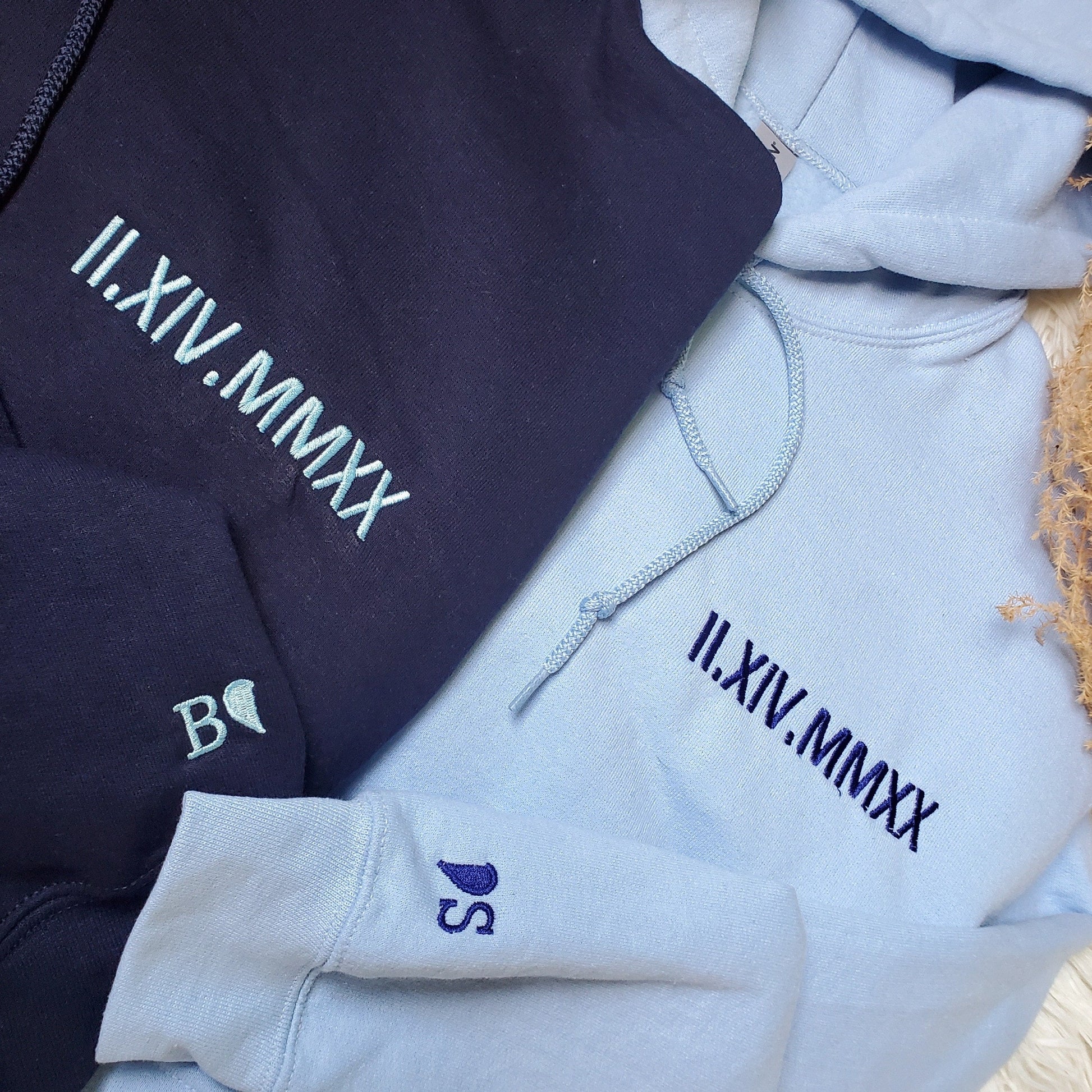 His and Hers Matching Hoodies or Sweatshirts Gift with Embroidered Roman Numerals on Chest