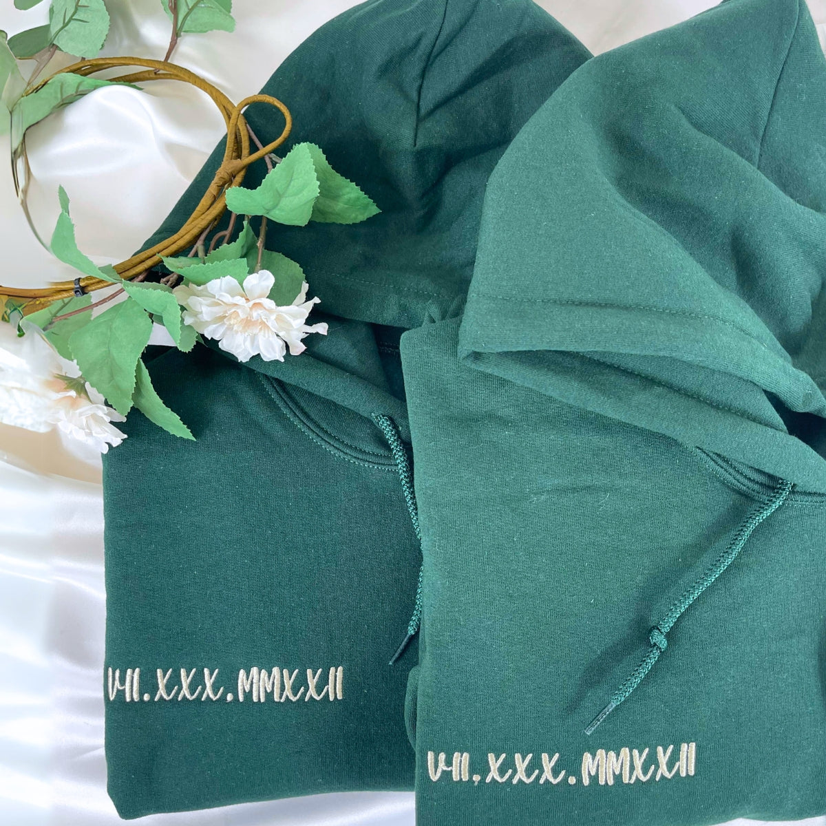 His and Hers Matching Hoodies or Sweatshirts Gift with Embroidered Roman Numerals on Chest