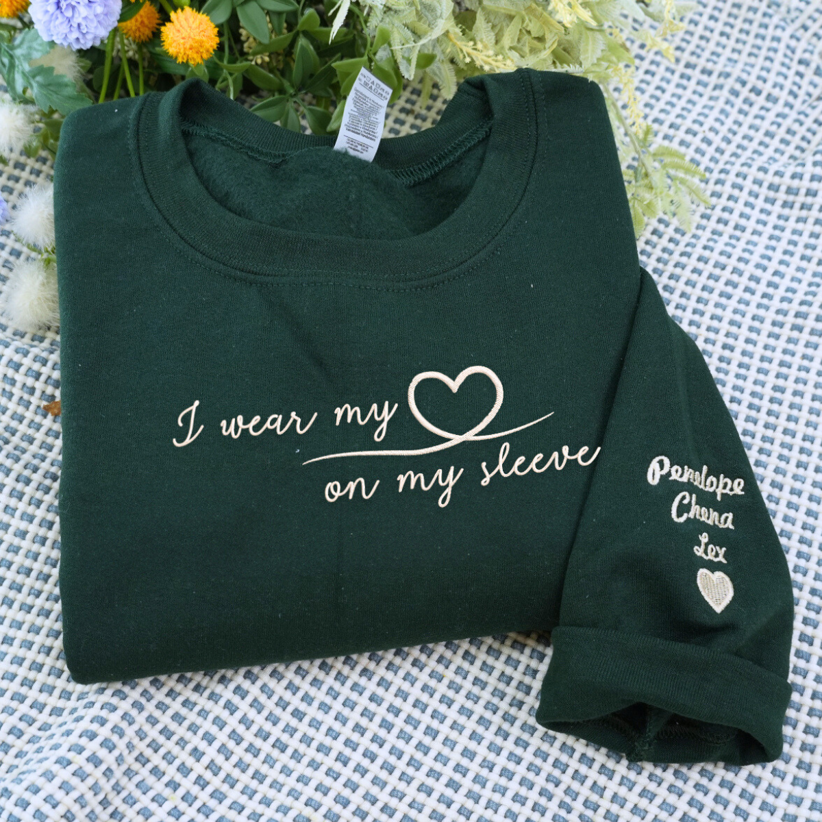 I Wear My Heart On My Sleeve with Kids' Names on Sleeve Sweatshirt or Hoodie, Custom Embroidered Gift for Mom Mother's Day