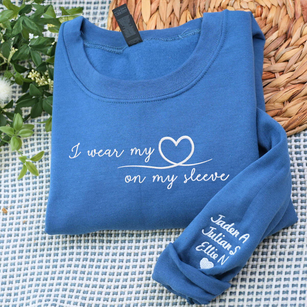 I Wear My Heart On My Sleeve with Kids' Names on Sleeve Sweatshirt or Hoodie, Custom Embroidered Gift for Mom Mother's Day