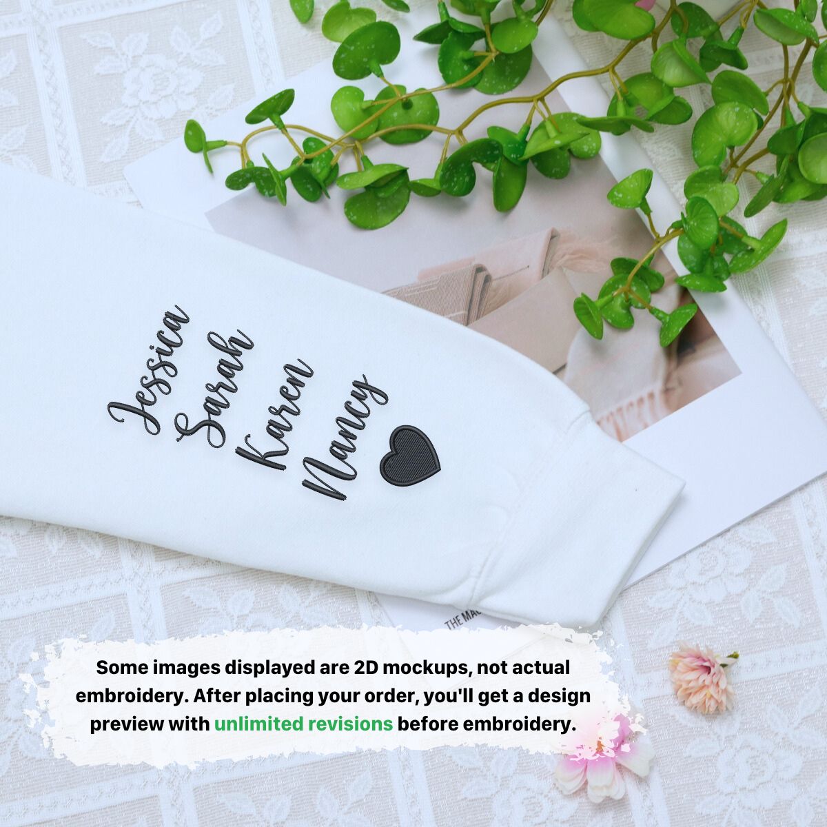 I Wear My Heart On My Sleeve with Kids' Names on Sleeve Sweatshirt or Hoodie, Custom Embroidered Gift for Mom Mother's Day