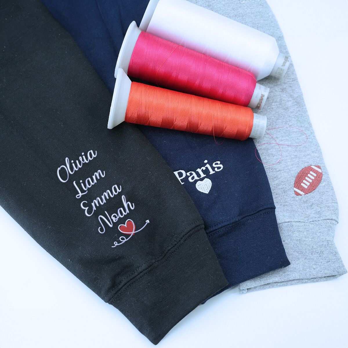 I Wear My Heart On My Sleeve with Kids' Names on Sleeve Sweatshirt or Hoodie, Custom Embroidered Gift for Mom Mother's Day