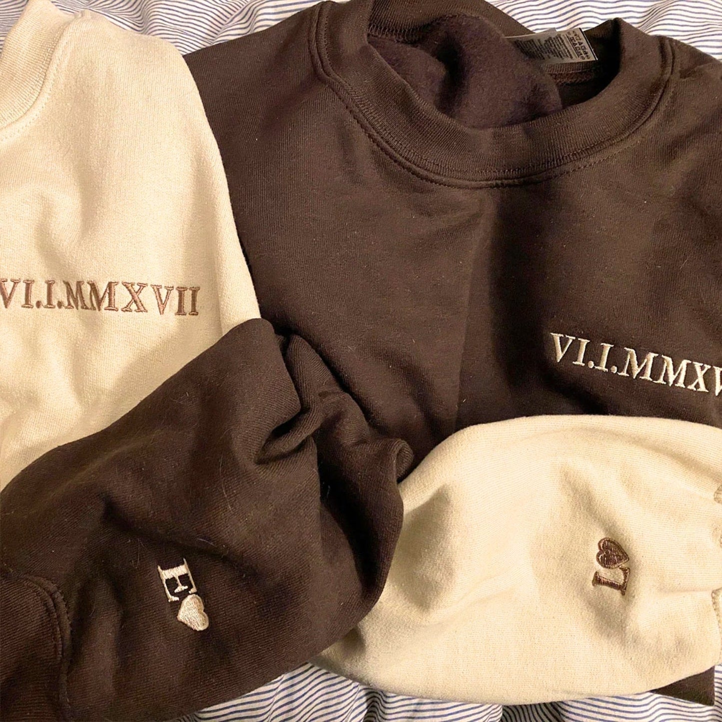 His and Hers Matching Hoodies or Sweatshirts Gift with Embroidered Roman Numerals on Chest